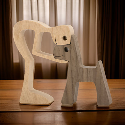 Heartfelt Bond | Handgefertigte Holzskulptur von Hund und Mensch