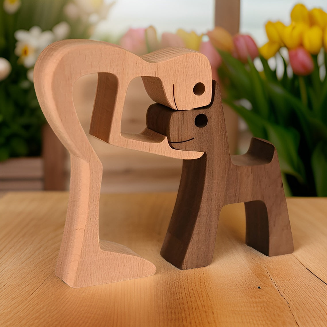 Heartfelt Bond | Handgefertigte Holzskulptur von Hund und Mensch