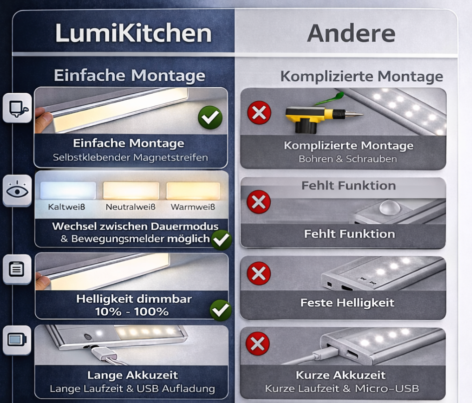 LumiKüche- LED Unterbauleuchte Küche mit Bewegungsmelder - Kabellos und Dimmbar